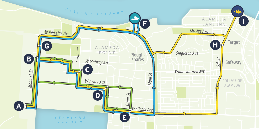 Map of the 3 different Island Hopper routes around Alameda Point.